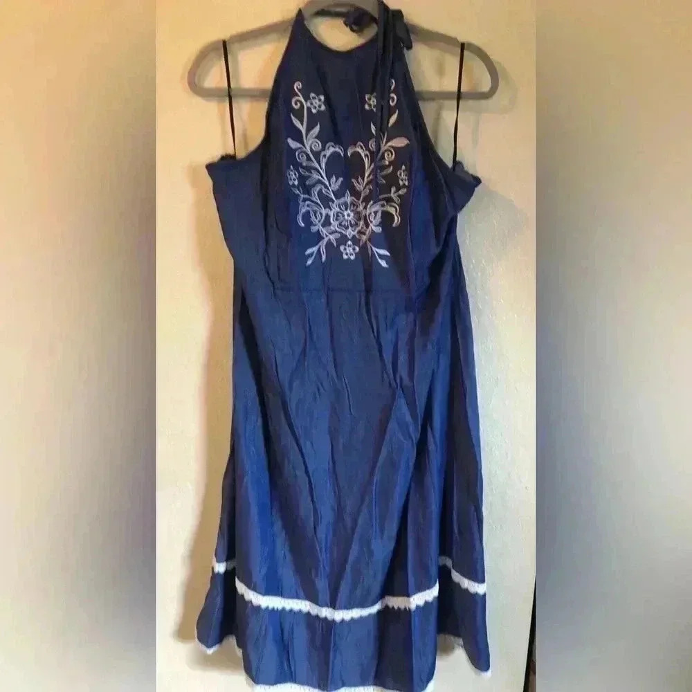 SHEIN Blue Silver Embellished Halter Midi Sundress